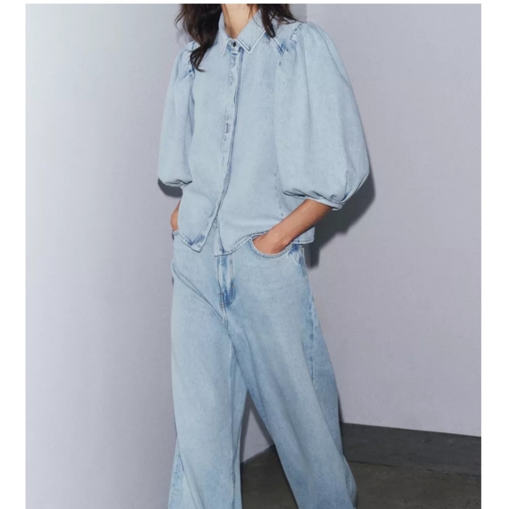 Zara Zw Collection Light Blue Denim Shirt With Puffed Sleeves Sz-XL - Picture 3 of 10